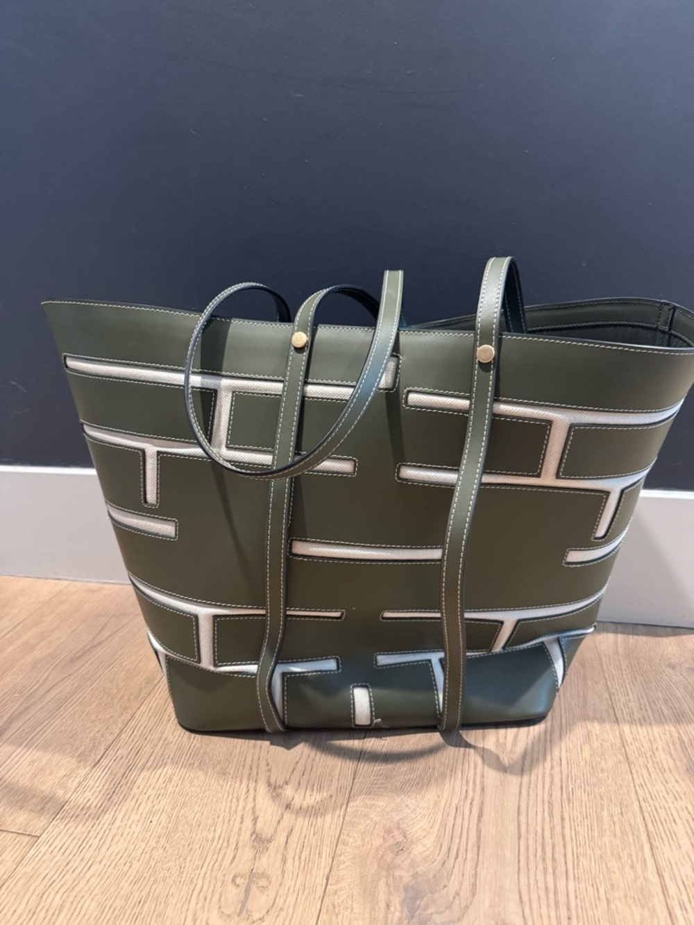 Frame Denim Olive Green Tote with Cream Geometric Inlay